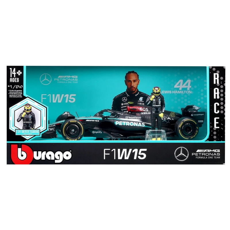 Автомодель з фігуркою – MERCEDES-AMG PETRONAS F1 W15 (2024) (1:24) — Bburago
