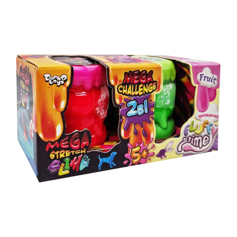 В'язка маса "2 в 1 "Mega Stretch Slime" та "Fluffy Slime" FLS-03-01U укр Рожево-зелений — Danko Toys