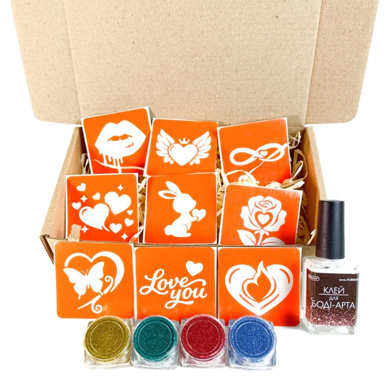 Набір для біо-тату "Love Story #2 - гліттер" set-love-story-2-glitter 9 трафаретів — Fresh Tattoo