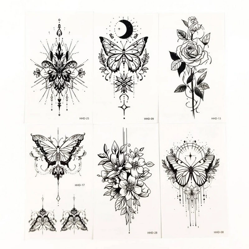 Набір тимчасових тату "Метелики та квіти №3" black-tattoo-mini-set-f03 із 6 чорних по 9,5 х 5,5 см