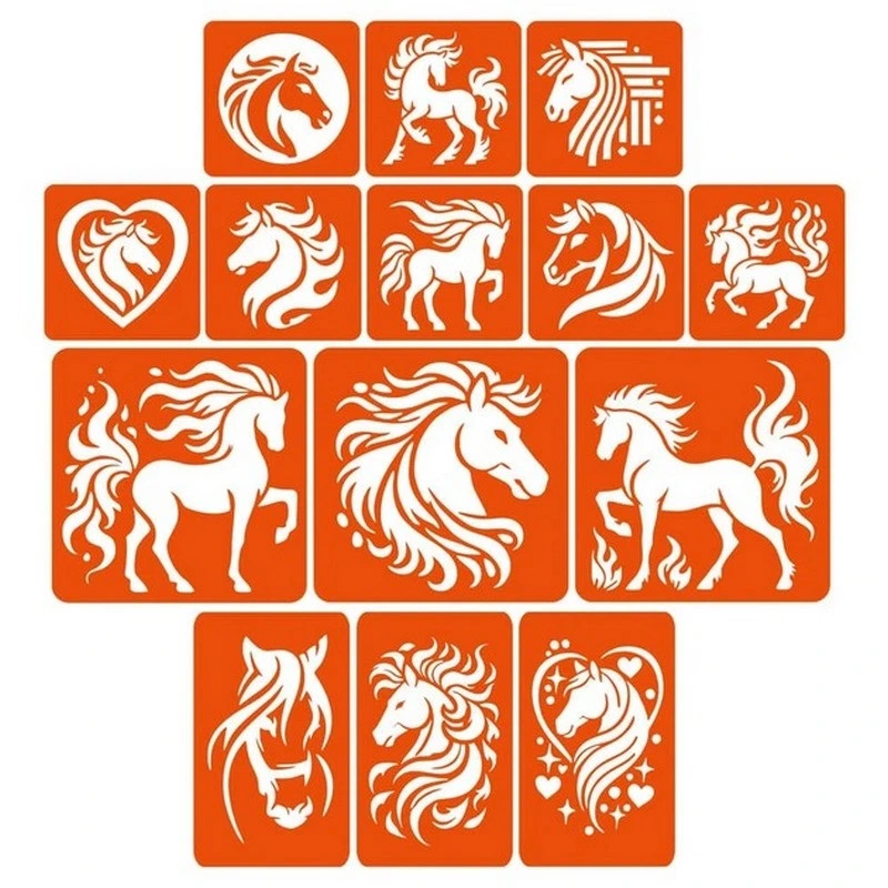 Набір трафаретів для біо-тату "Коні - великий мікс" horses-big-mix 10х10 см — Fresh Tattoo