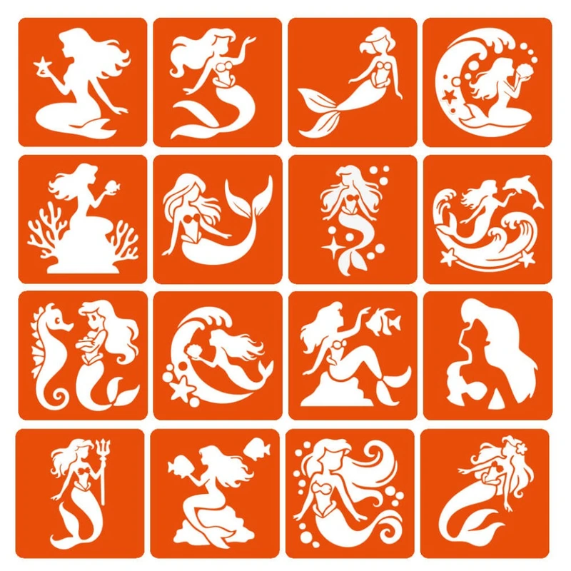 Набір трафаретів для біо-тату "Русалки" mermaids-6x6-16, 16 трафаретів — Fresh Tattoo