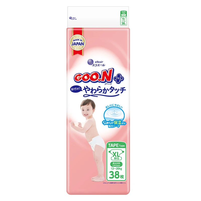 Підгузки GOO.N Plus для дітей 12-20 кг (розмір XL, на липучках, унісекс, 38 шт.)