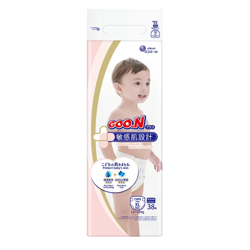 Підгузки GOO.N Plus для дітей 12-20 кг (розмір XL, на липучках, унісекс, 38 шт) — Goo.N
