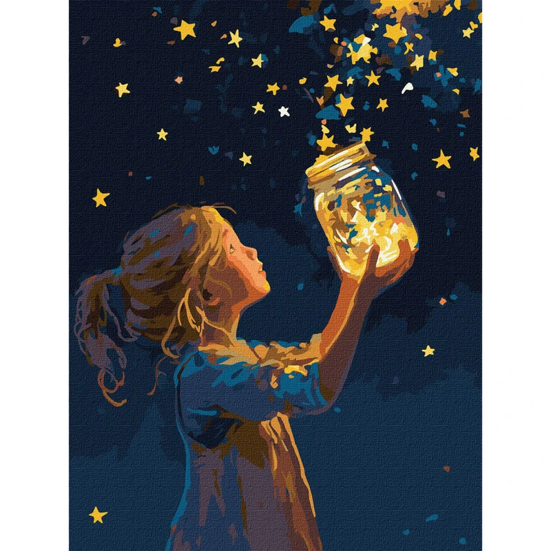 Картина за номерами "Дівчинка та зірочки" KHO8724 з фарбами металік 30x40 см