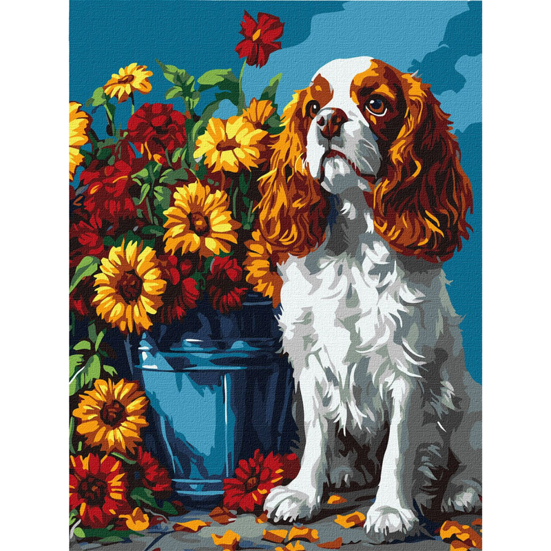 Картина за номерами "Спанієль та квіти" Ідейка KHO6673 30х40 см