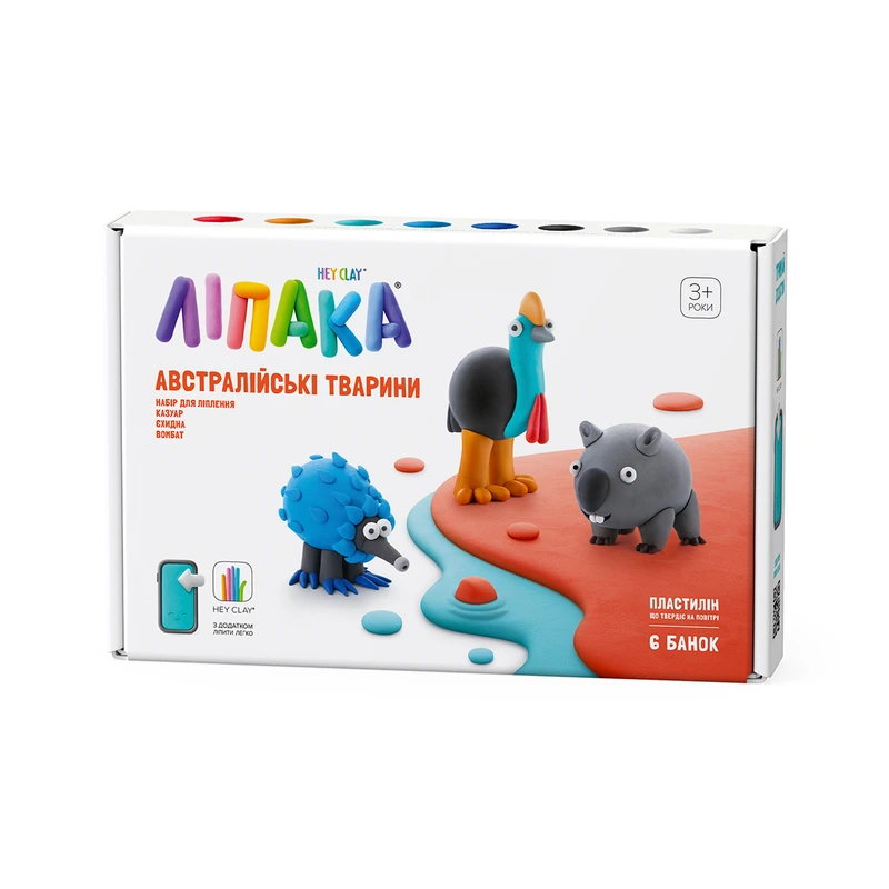 Набір пластиліну, що самостійно твердіє, ЛІПАКА - АВСТРАЛІЙСЬКІ ТВАРИНИ: КАЗУАР, ЄХИДНА, ВОМБАТ — Lipaka