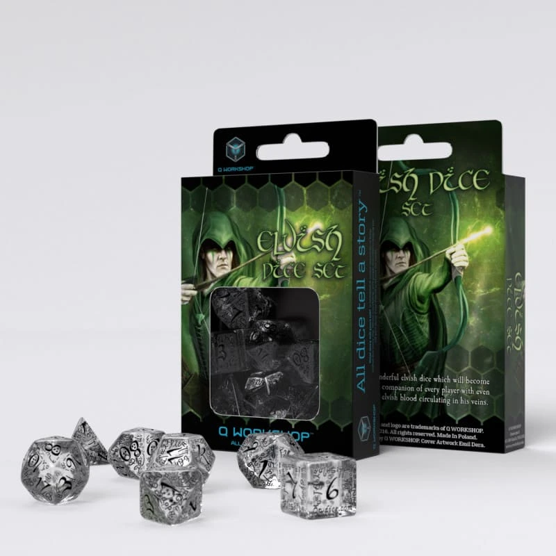 Набір кубиків Elvish Translucent & black Dice Set (7) — Q-Workshop