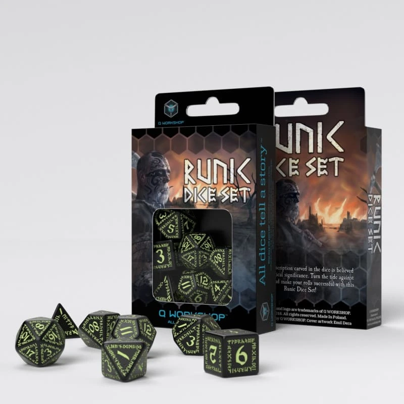 Набір кубиків Runic Black & glow-in-the-dark Dice Set (7) — Q-Workshop