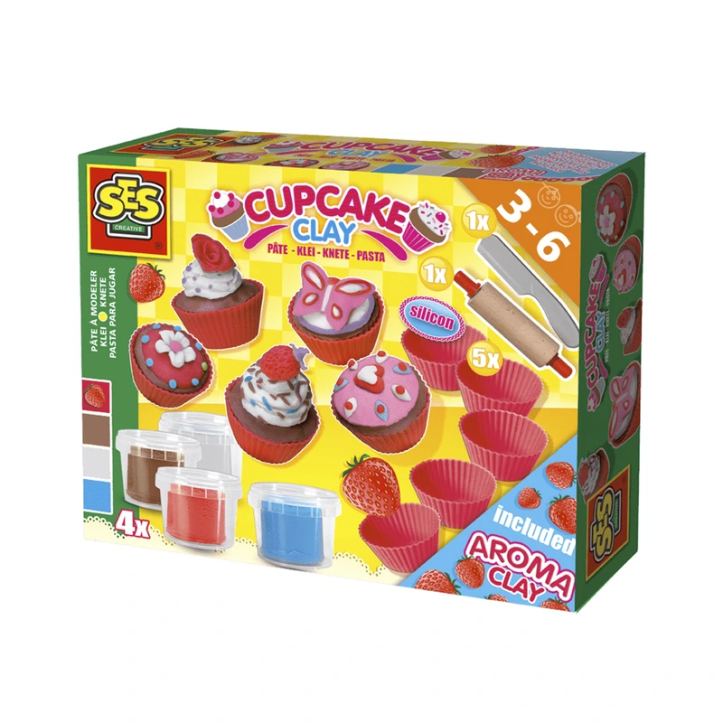 Маса для ліплення, що не засихає - ФРУКТОВІ КЕКСИ (4 кольори, в пластикових баночках, аксесуари)