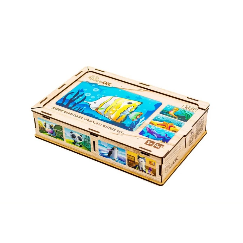 Дитячий дерев'яний пазл Морські жителі 4 в 1 Puz-57896, 80 елементів