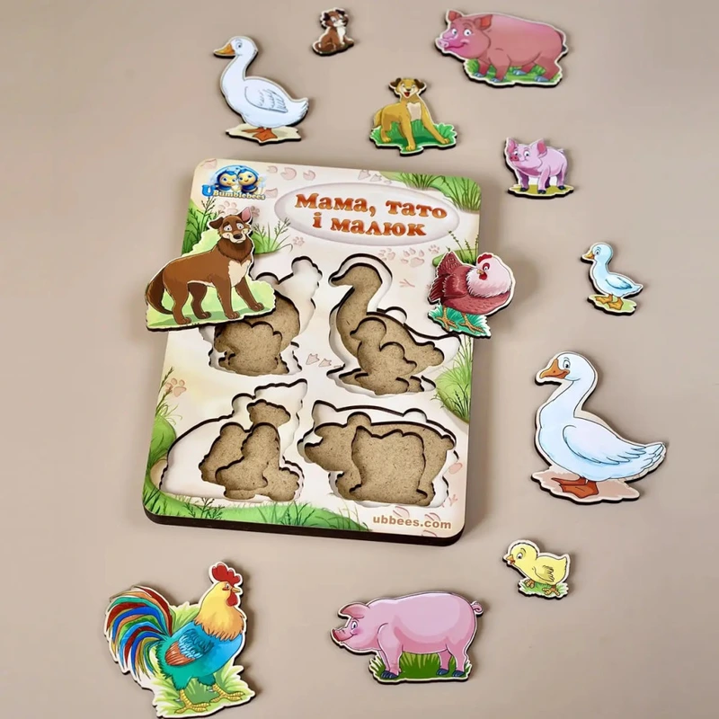 Дерев'яний пазл-вкладиш "Сім'я-свійські тварини-2" Ubumblebees (ПСФ003) PSF003 більше-менше